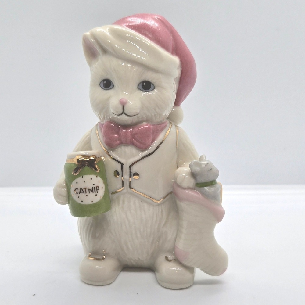 Lenox Christmas Cat Figurine Catnip Jar Stocking Porcelain Collectible